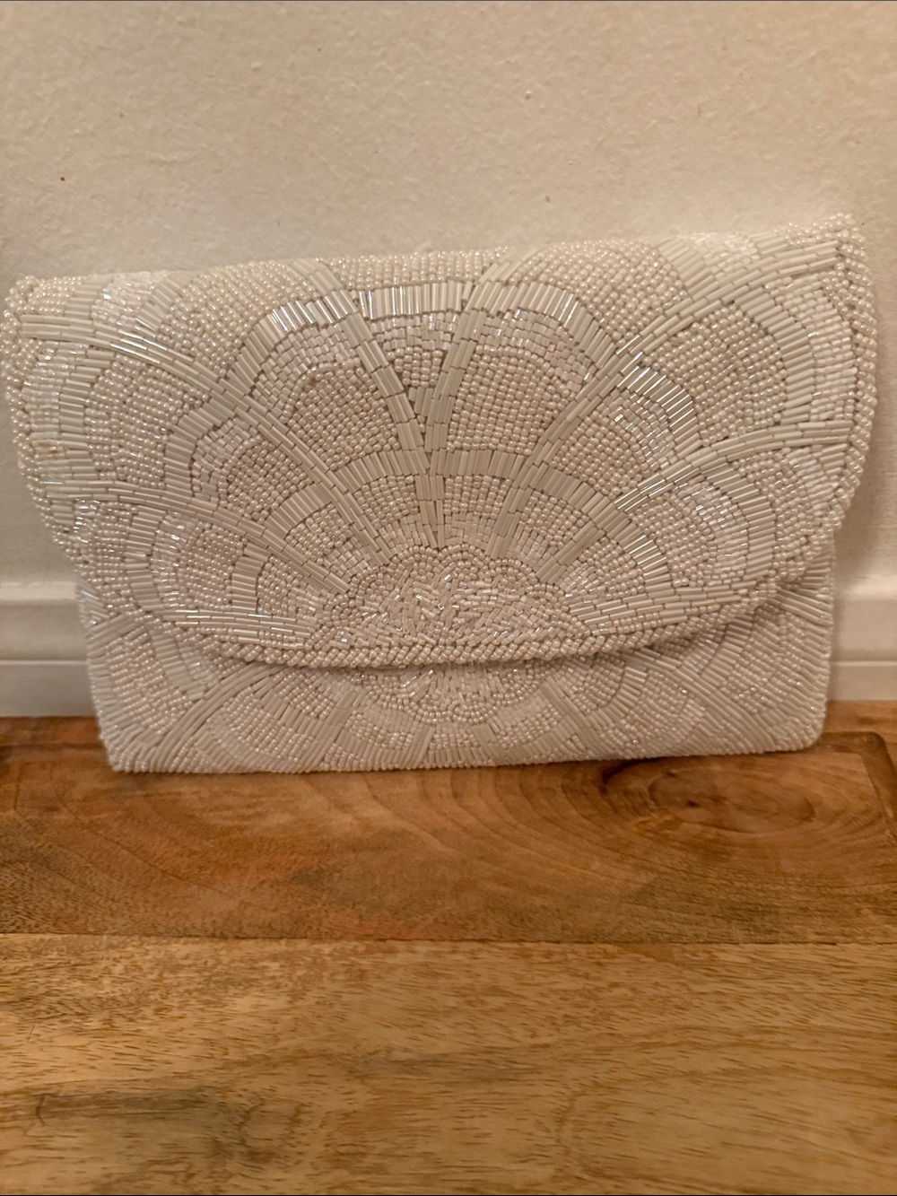 Beaded White Evening Clutch - Elegant Floral Pattern